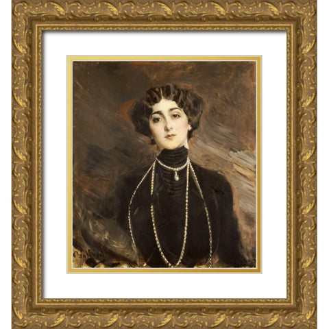 Portrait of Lina Cavalieri Gold Ornate Wood Framed Art Print with Double Matting by Boldini, Giovanni