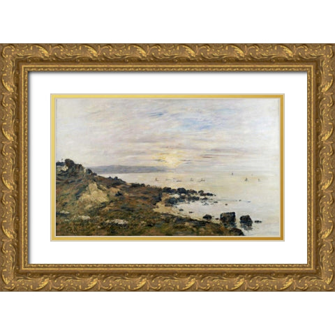 Cliffs at Benerville, Sunset Gold Ornate Wood Framed Art Print with Double Matting by Boudin, Eugene