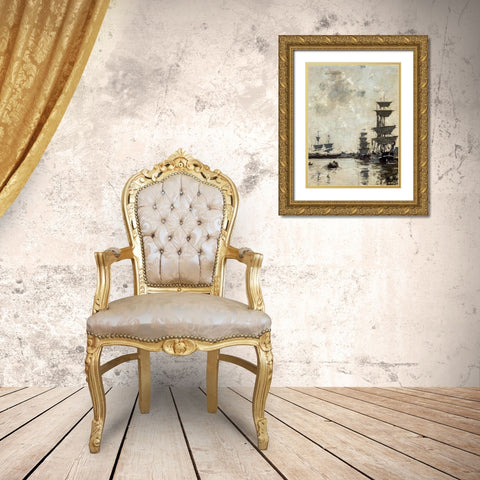 Deauville: Schooners at Anchor Gold Ornate Wood Framed Art Print with Double Matting by Boudin, Eugene