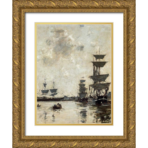 Deauville: Schooners at Anchor Gold Ornate Wood Framed Art Print with Double Matting by Boudin, Eugene