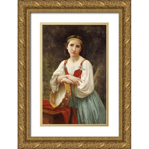 Basque Gipsy Girl With Tambourine Gold Ornate Wood Framed Art Print with Double Matting by Bouguereau, William-Adolphe