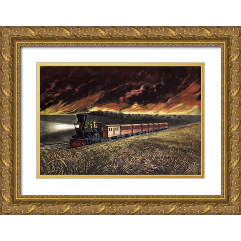 Prairie Fires of The Great West Gold Ornate Wood Framed Art Print with Double Matting by Currier and Ives