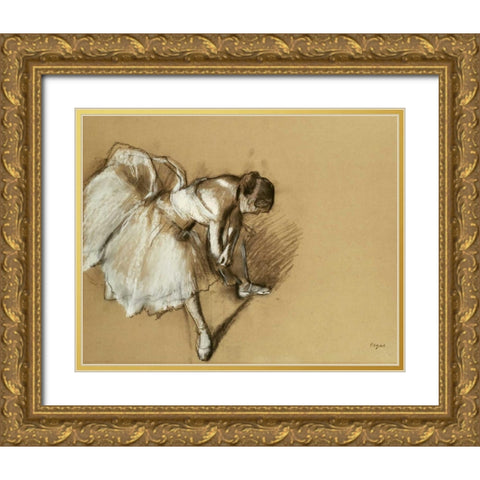 Dancer Adjusting Her Shoe Gold Ornate Wood Framed Art Print with Double Matting by Degas, Edgar