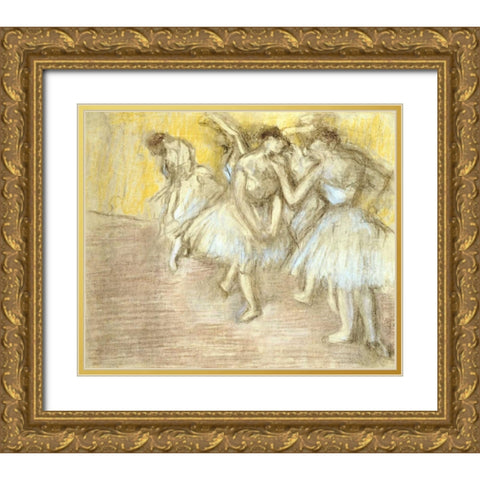 Five Dancers On Stage Gold Ornate Wood Framed Art Print with Double Matting by Degas, Edgar