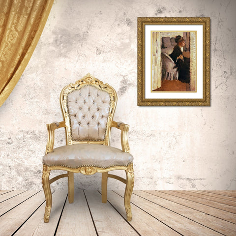 Woman Putting On Her Gloves Gold Ornate Wood Framed Art Print with Double Matting by Degas, Edgar