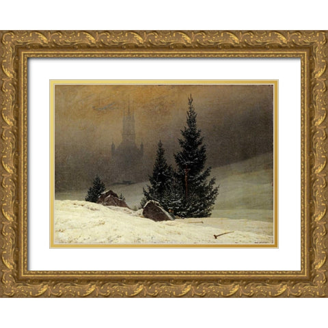 Winter Landscape With a Church Gold Ornate Wood Framed Art Print with Double Matting by Friedrich, Caspar David