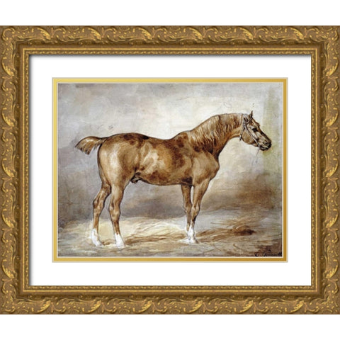 Cheval a LEcurie Gold Ornate Wood Framed Art Print with Double Matting by Gericault, Theodore