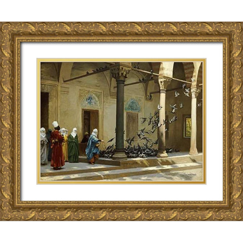 Harem Women Feeding Pigeons In a Courtyard Gold Ornate Wood Framed Art Print with Double Matting by Gerome, Jean Leon