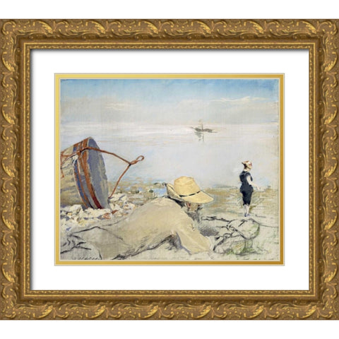 On the Shingle, Honfleur Gold Ornate Wood Framed Art Print with Double Matting by Gonzales, Eva