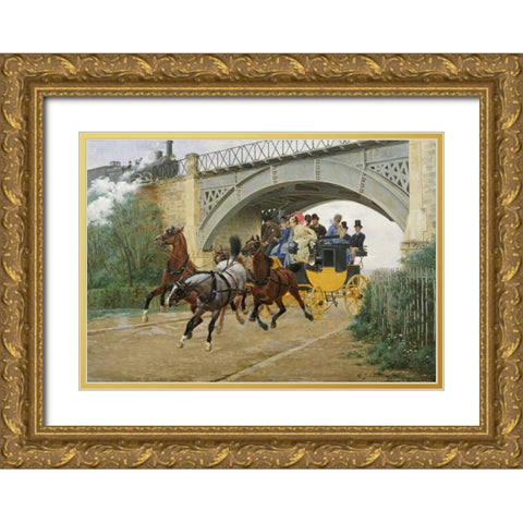 Startled By Steam Gold Ornate Wood Framed Art Print with Double Matting by Goubie, Jean Richard