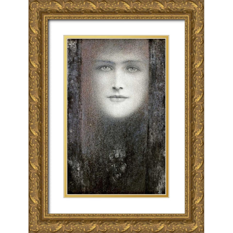 The Mask, with a Black Curtain Gold Ornate Wood Framed Art Print with Double Matting by Khnopff, Fernand