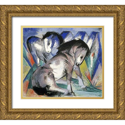 Two Horses Gold Ornate Wood Framed Art Print with Double Matting by Marc, Franz