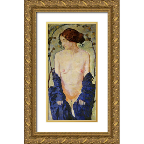 Standing Nude with Blue Robe Gold Ornate Wood Framed Art Print with Double Matting by Moser, Koloman