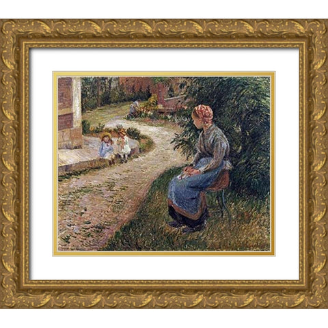 The Maid Sitting In The Garden at Eragny Gold Ornate Wood Framed Art Print with Double Matting by Pissarro, Camille