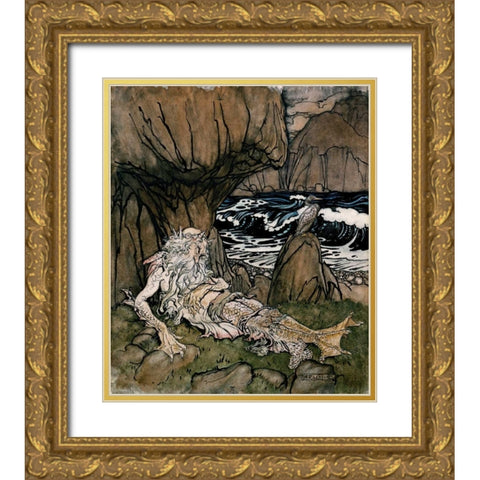A Crowned Merman a Sea God Sleeping On a Rocky Shore Gold Ornate Wood Framed Art Print with Double Matting by Rackham, Arthur