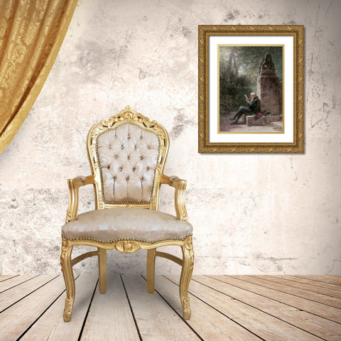 The Philosopher - The Reader In The Park Gold Ornate Wood Framed Art Print with Double Matting by Spitzweg, Carl