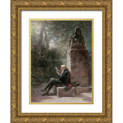 The Philosopher - The Reader In The Park Gold Ornate Wood Framed Art Print with Double Matting by Spitzweg, Carl