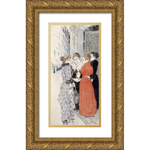 Women Conversing In The Street Gold Ornate Wood Framed Art Print with Double Matting by Steinlen, Theophile
