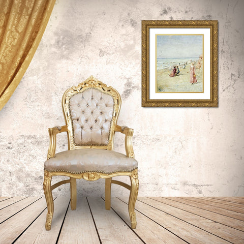 La Plage, Ostende Gold Ornate Wood Framed Art Print with Double Matting by Stevens, Alfred