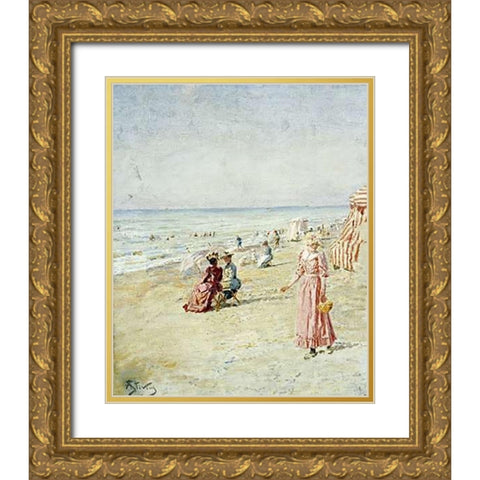 La Plage, Ostende Gold Ornate Wood Framed Art Print with Double Matting by Stevens, Alfred