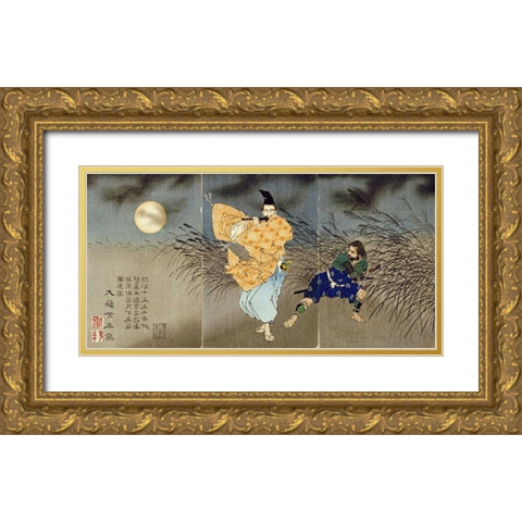 Playing the Flute by Moonlight Gold Ornate Wood Framed Art Print with Double Matting by Yoshitoshi, Tsukioka
