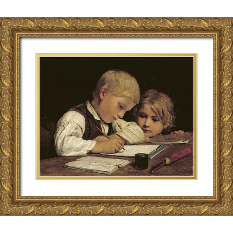 A Boy Writing Gold Ornate Wood Framed Art Print with Double Matting by Anker, Albert