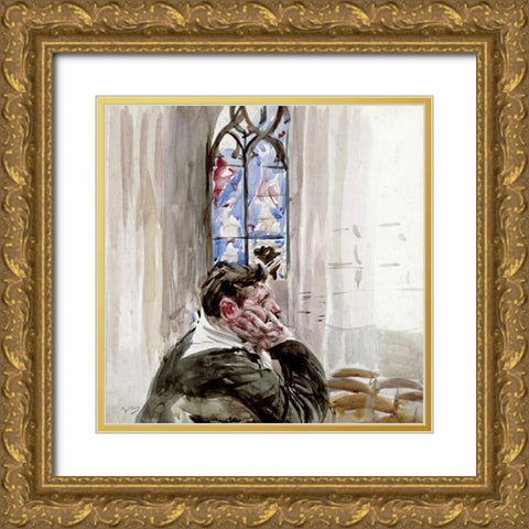 Portrait of a Man In Church Gold Ornate Wood Framed Art Print with Double Matting by Boldini, Giovanni