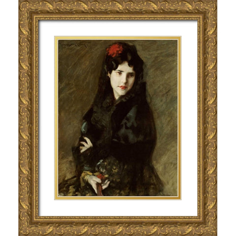 Mrs. Chase In Spanish Costume Gold Ornate Wood Framed Art Print with Double Matting by Chase, William Merritt
