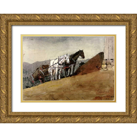 The Hill Top Barn - Houghton Farm Gold Ornate Wood Framed Art Print with Double Matting by Homer, Winslow