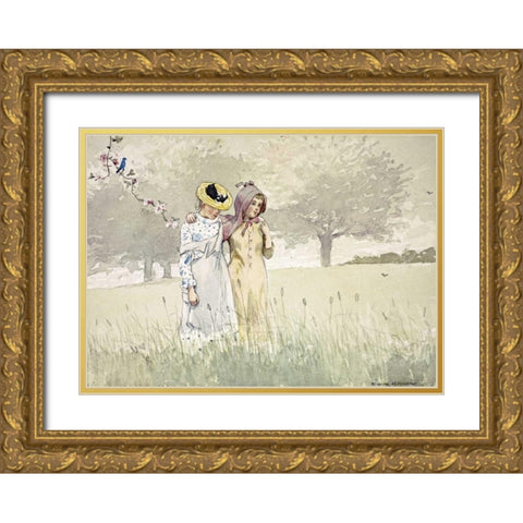 Girls Strolling In An Orchard Gold Ornate Wood Framed Art Print with Double Matting by Homer, Winslow
