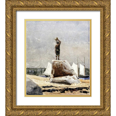 Boy Hailing Schooners Gold Ornate Wood Framed Art Print with Double Matting by Homer, Winslow