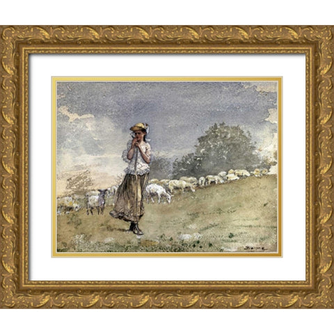 Tending Sheep, Houghton Farm Gold Ornate Wood Framed Art Print with Double Matting by Homer, Winslow
