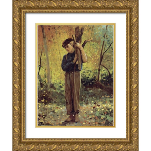 Boy Holding Logs Gold Ornate Wood Framed Art Print with Double Matting by Homer, Winslow