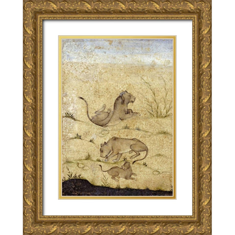 A Family of Lions Gold Ornate Wood Framed Art Print with Double Matting by Mughal