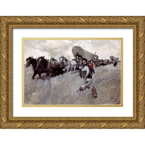 The Connecticut Settlers Entering The Western Reserve Gold Ornate Wood Framed Art Print with Double Matting by Pyle, Howard