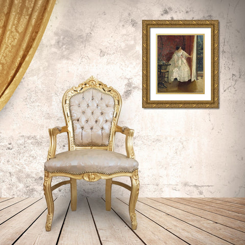 Lady at a Window Feeding Birds Gold Ornate Wood Framed Art Print with Double Matting by Stevens, Alfred