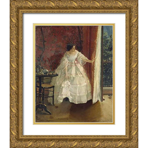 Lady at a Window Feeding Birds Gold Ornate Wood Framed Art Print with Double Matting by Stevens, Alfred