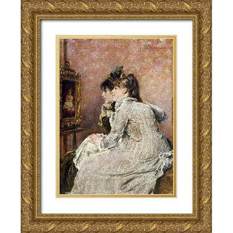 Admiring The Portrait Gold Ornate Wood Framed Art Print with Double Matting by Stevens, Alfred