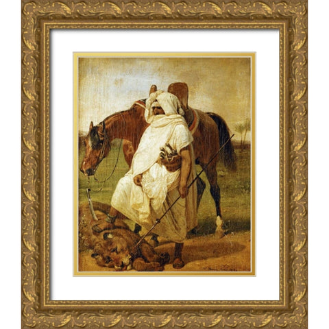 The Lion Hunter Gold Ornate Wood Framed Art Print with Double Matting by Vernet, Horace