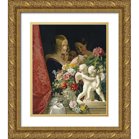 Young Women Reading a Letter Gold Ornate Wood Framed Art Print with Double Matting by Waldmuller, Ferdinand Georg