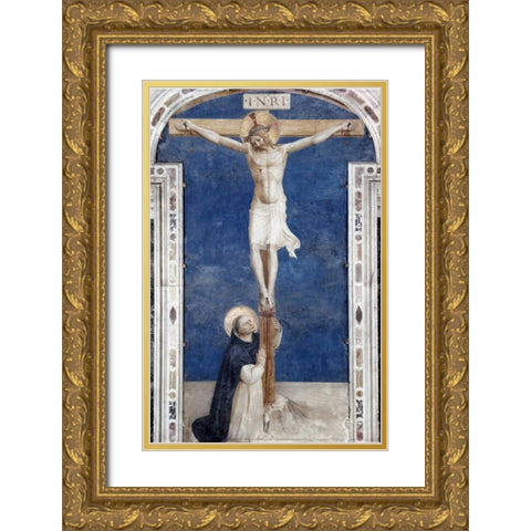 Crucifixcion With Saint Dominick Gold Ornate Wood Framed Art Print with Double Matting by Angelico, Fra