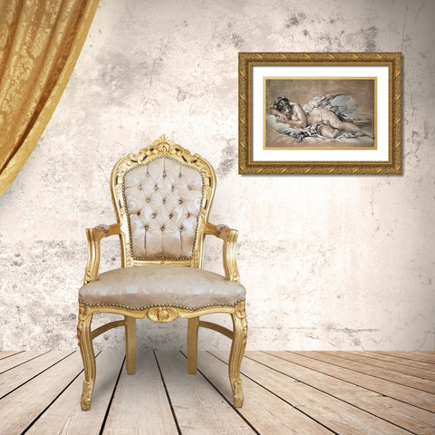 A Young Girl Sleeping Gold Ornate Wood Framed Art Print with Double Matting by Boucher, Francois