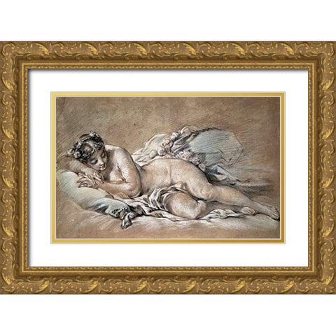 A Young Girl Sleeping Gold Ornate Wood Framed Art Print with Double Matting by Boucher, Francois