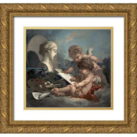 Amore, Allegory of Painting Gold Ornate Wood Framed Art Print with Double Matting by Boucher, Francois