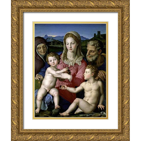 Family with Saint Anne and John the Baptist as a Child Gold Ornate Wood Framed Art Print with Double Matting by Bronzino, Agnolo