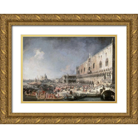Reception of French Ambassador In Venice Gold Ornate Wood Framed Art Print with Double Matting by Canaletto