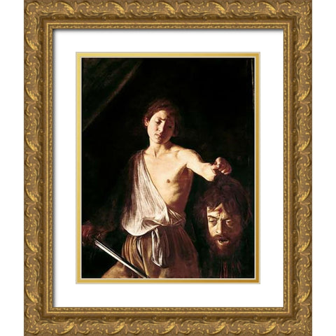 David With The Head of Goliath Gold Ornate Wood Framed Art Print with Double Matting by Caravaggio