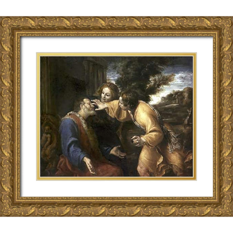 Tobias Heals His Blind Father Gold Ornate Wood Framed Art Print with Double Matting by Carracci, Annibale