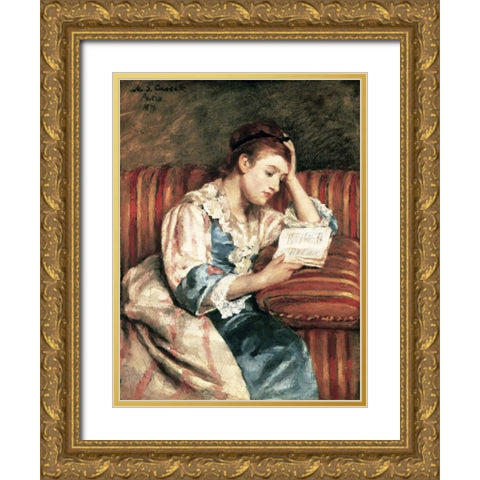 Young Woman Reading Gold Ornate Wood Framed Art Print with Double Matting by Cassatt, Mary