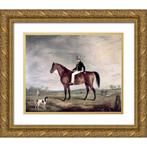 A Young Gentleman In a Grey Hat On a Bay Hunter Gold Ornate Wood Framed Art Print with Double Matting by Cooper, Abraham